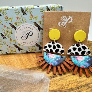 Plunder Design Rosalie Earrings - Yellow Polka Dot & Colorful Wood Fan Shapes